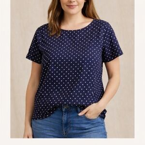 J. Crew Navy Polka Dot Linen Cotton Top Size Large Short Sleeve Classic Blouse